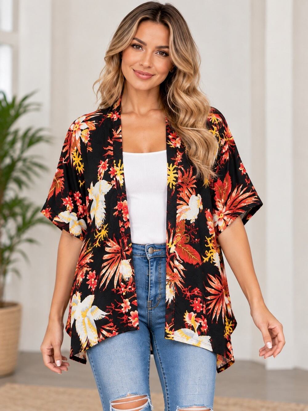 Forever 21 Contemporary Small Kimono Cardigan Cockatoo Tropical Floral Black